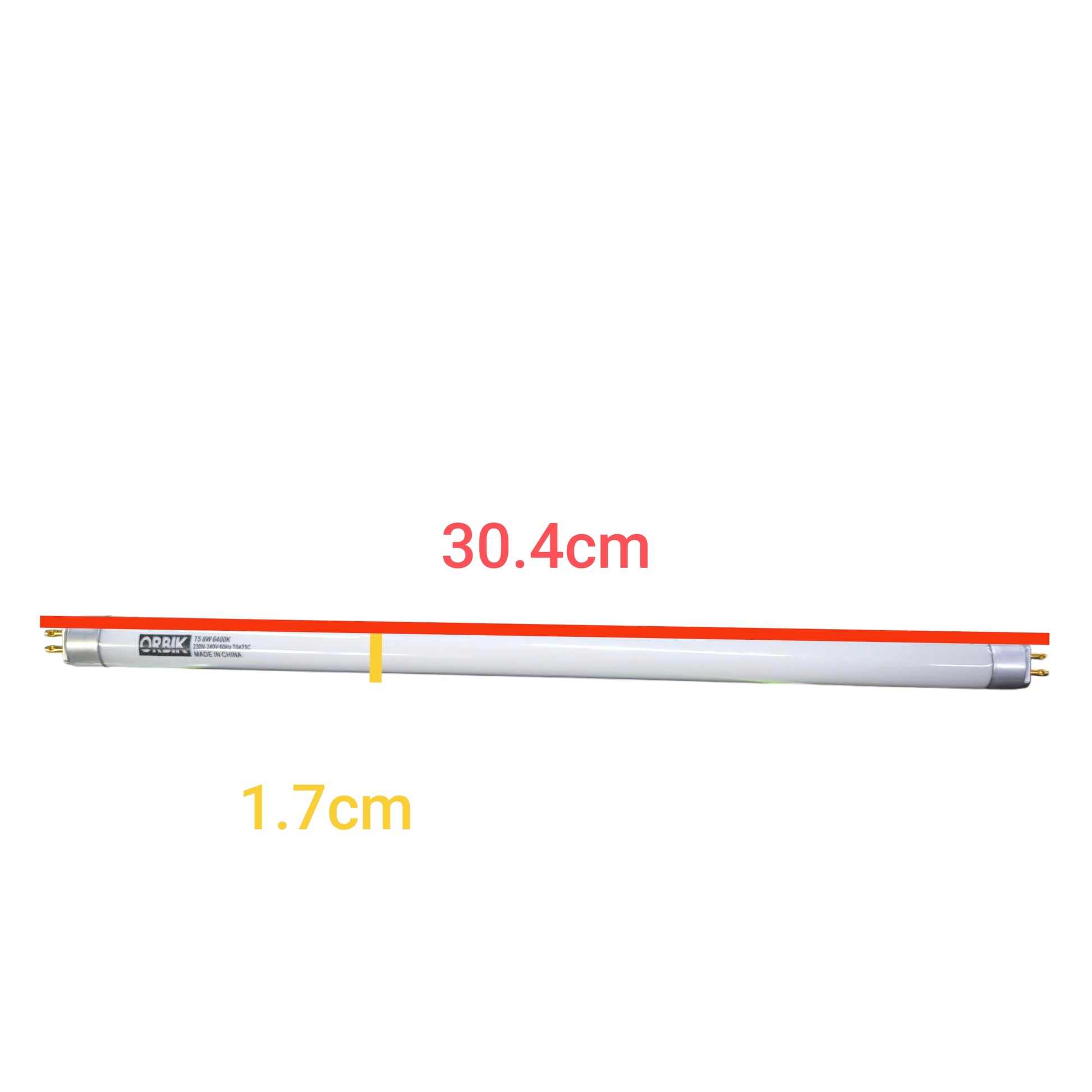 Orbik 8W T5 fluorescent tube 6500K in white, measuring 30.4cm in length and 1.7cm in diameter.