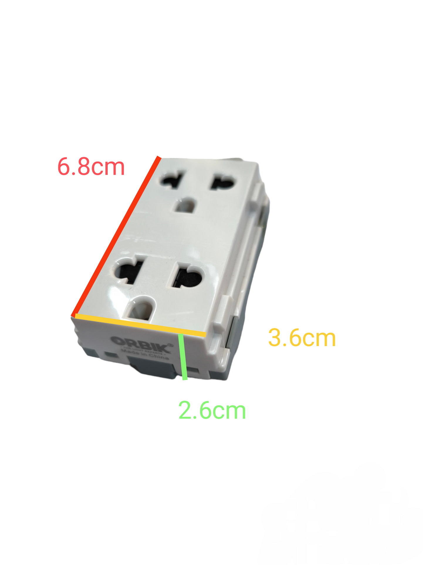 T&J Duplex Outlet Device with Ground 16A showing dimensions 6.8 cm by 3.6 cm by 2.6 cm
