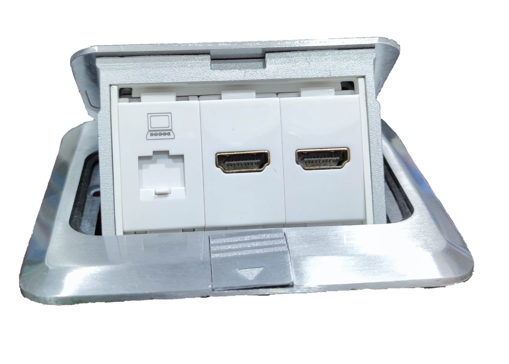 T and J floor outlet with two HDMI ports and RJ45 data jack Floor Outlet HDMI, HDMI, DATA for AV installations