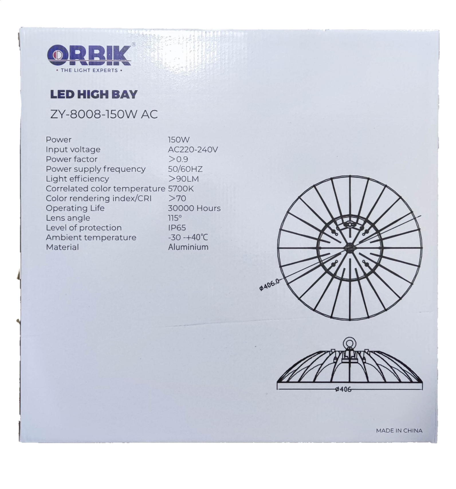 Orbik 150W LED high bay light 5700K Daylight 220V with energy-efficient design and long lifespan