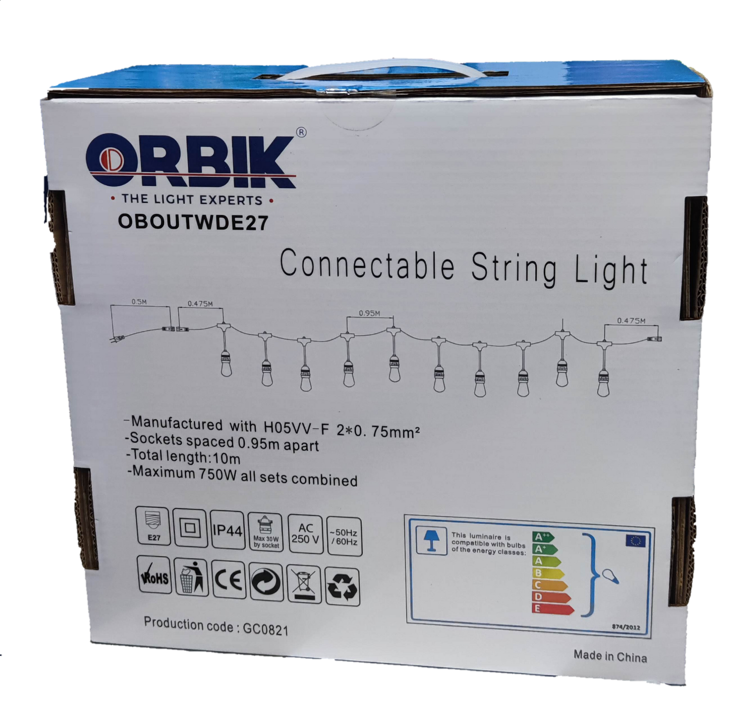 Orbik Outdoor LED String Lights E27 1W WW with connectable sockets and 10 meters length for outdoor decor
