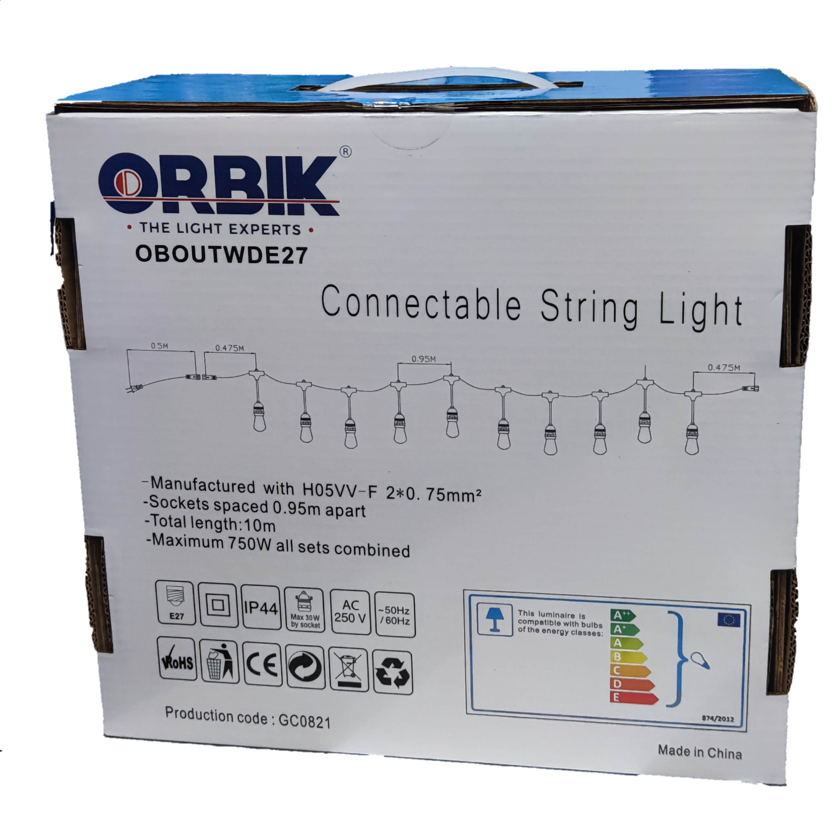 Orbik Outdoor LED String Lights E27 1W WW with connectable sockets and 10 meters length for outdoor decor