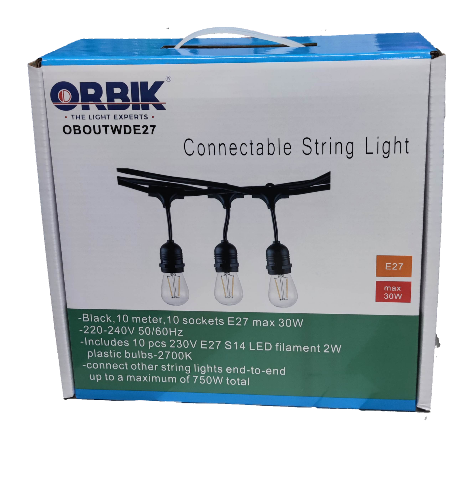 Orbik outdoor LED string lights E27 1W WW with 10 sockets and sleek design for outdoor decor