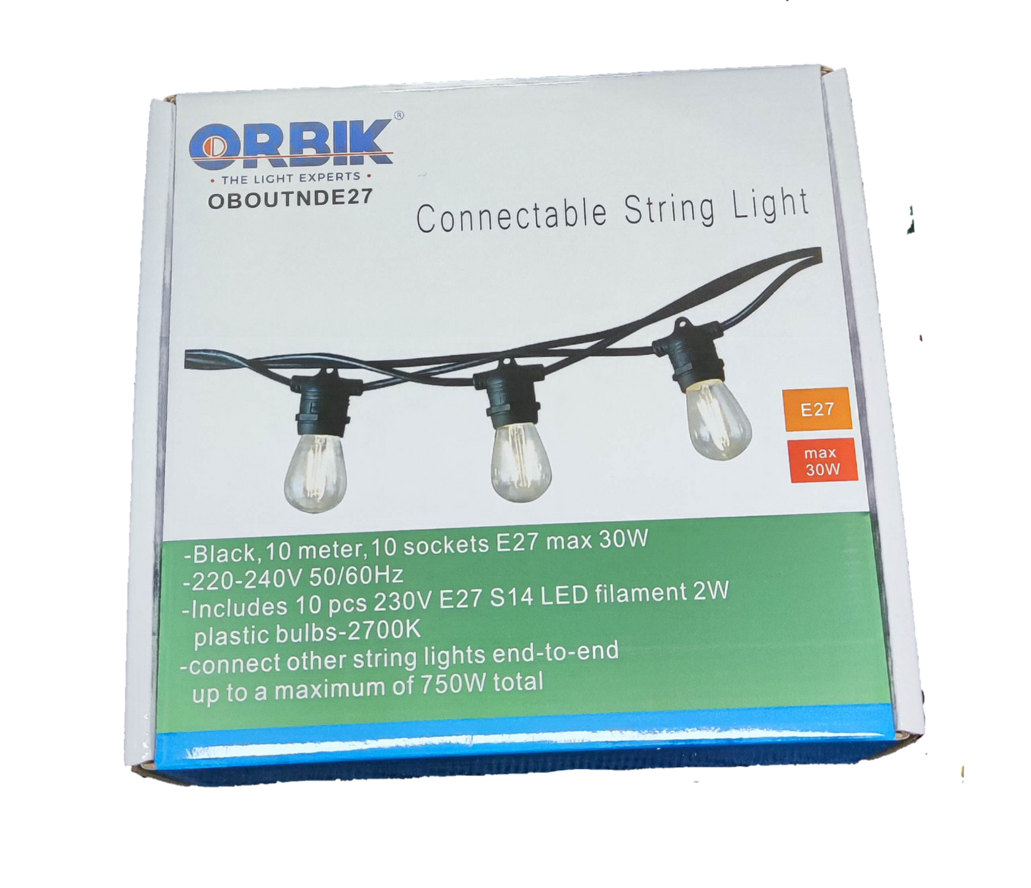 Orbik Connectable String Lights E27 1W LED Warm White 30 Feet with 10 sockets and versatile design
