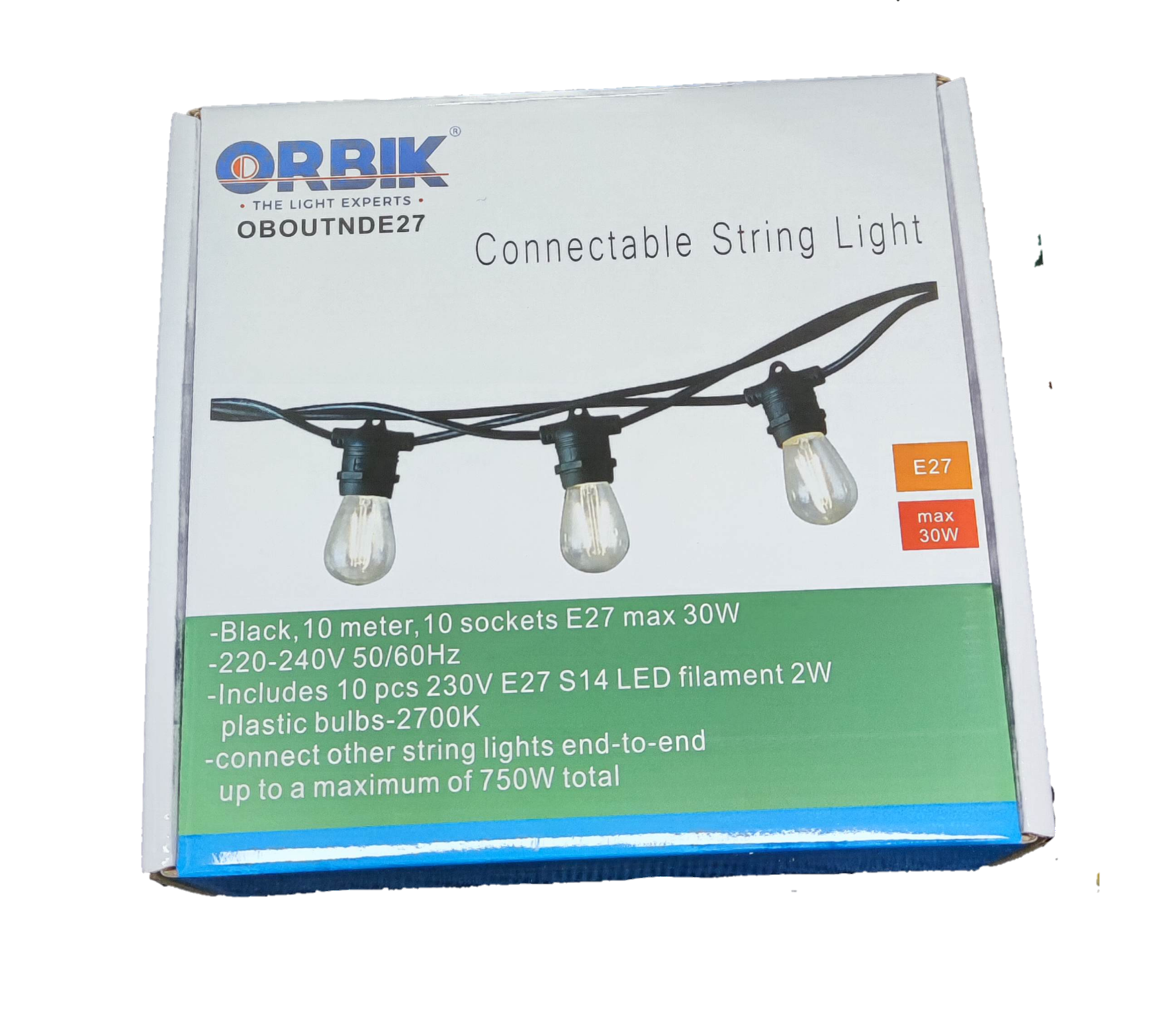 Orbik Connectable String Lights E27 1W LED Warm White 30 Feet with 10 sockets and versatile design