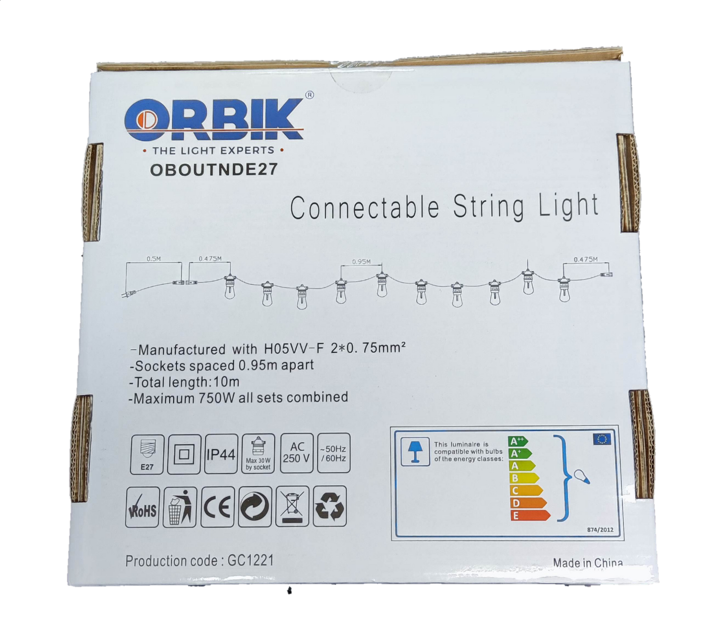 Orbik Connectable String Lights E27 1W LED Warm White 30 Feet in packaging for outdoor decoration
