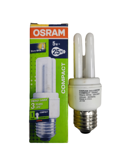 Osram 5W CFL 220V 2U Warm White compact fluorescent bulb with energy saver packaging