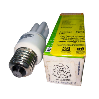 A compact fluorescent light bulb with a silver screw base and white plastic tube, shown next to its green and yellow retail box on a white background.