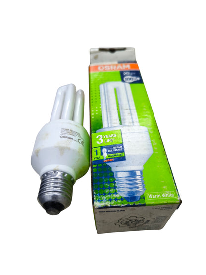 Osram Compact Fluorescent Lamp 20W E27 with warm white light and energy-saving design beside product box