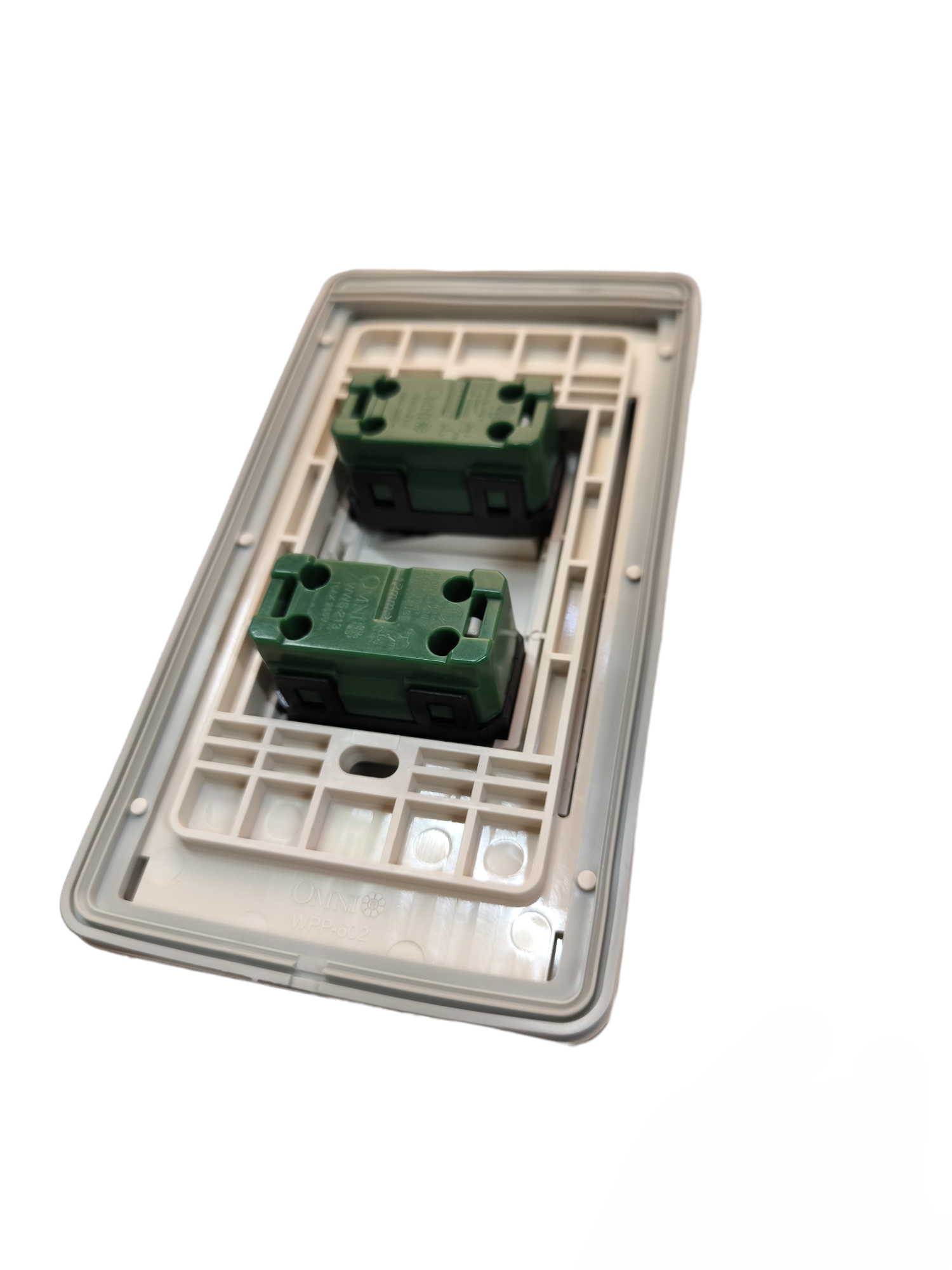Omni outdoor stainless plate switch 16A featuring dual green switches for durable outdoor use