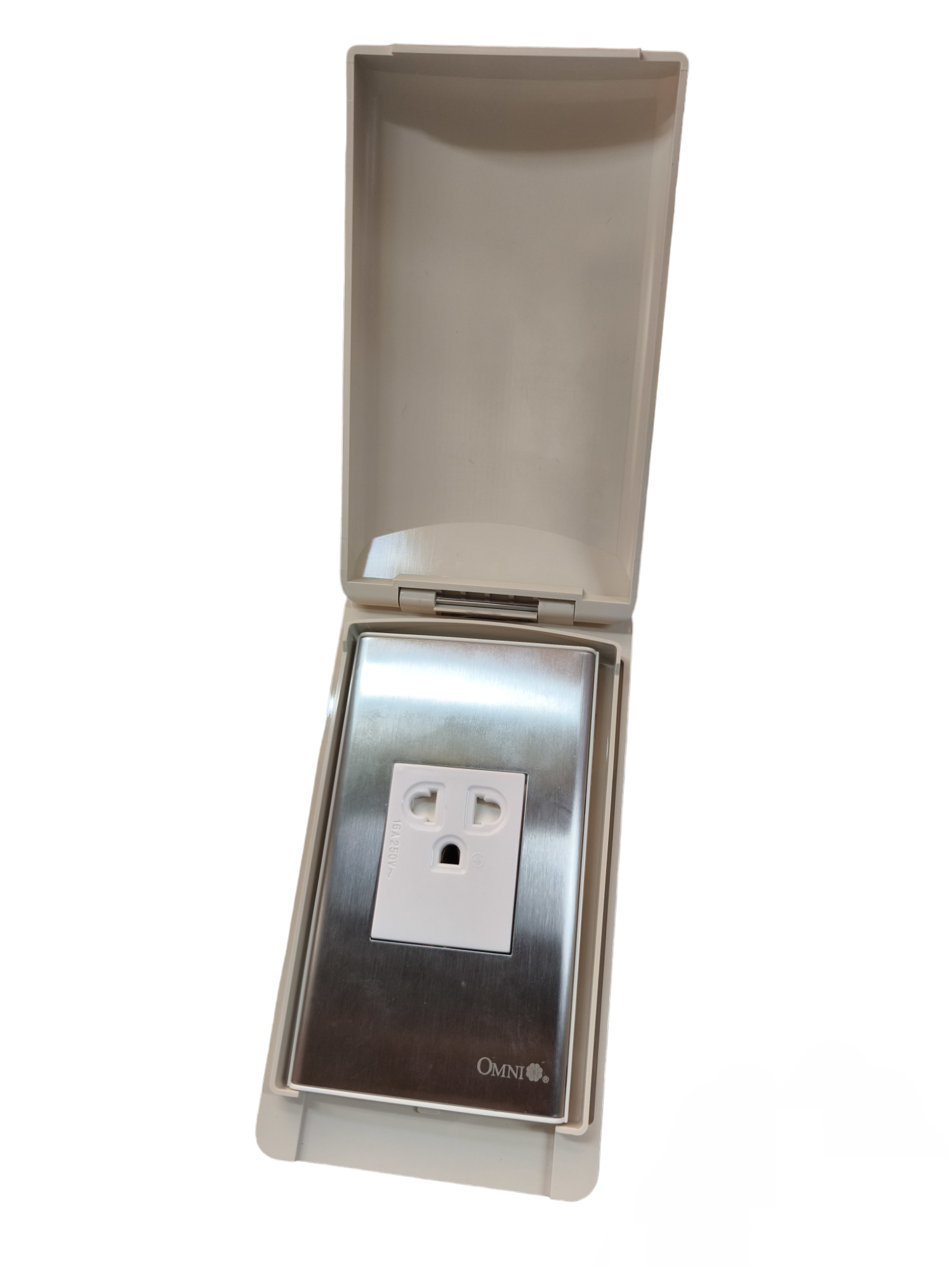Omni Outlet with Ground 16A 250V with Stainless Plate in protective cover for safe outdoor use