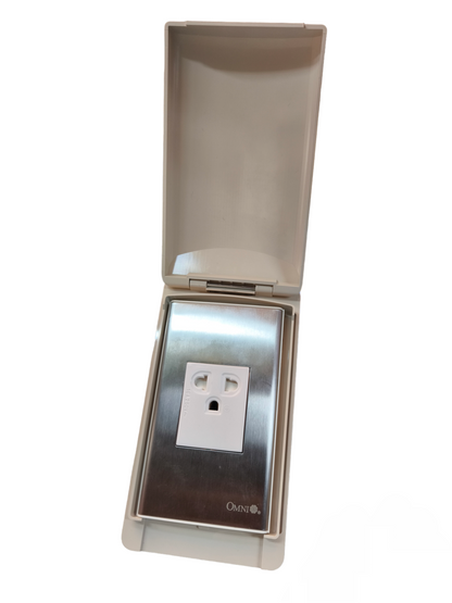 Omni Outlet with Ground 16A 250V with Stainless Plate in protective cover for safe outdoor use