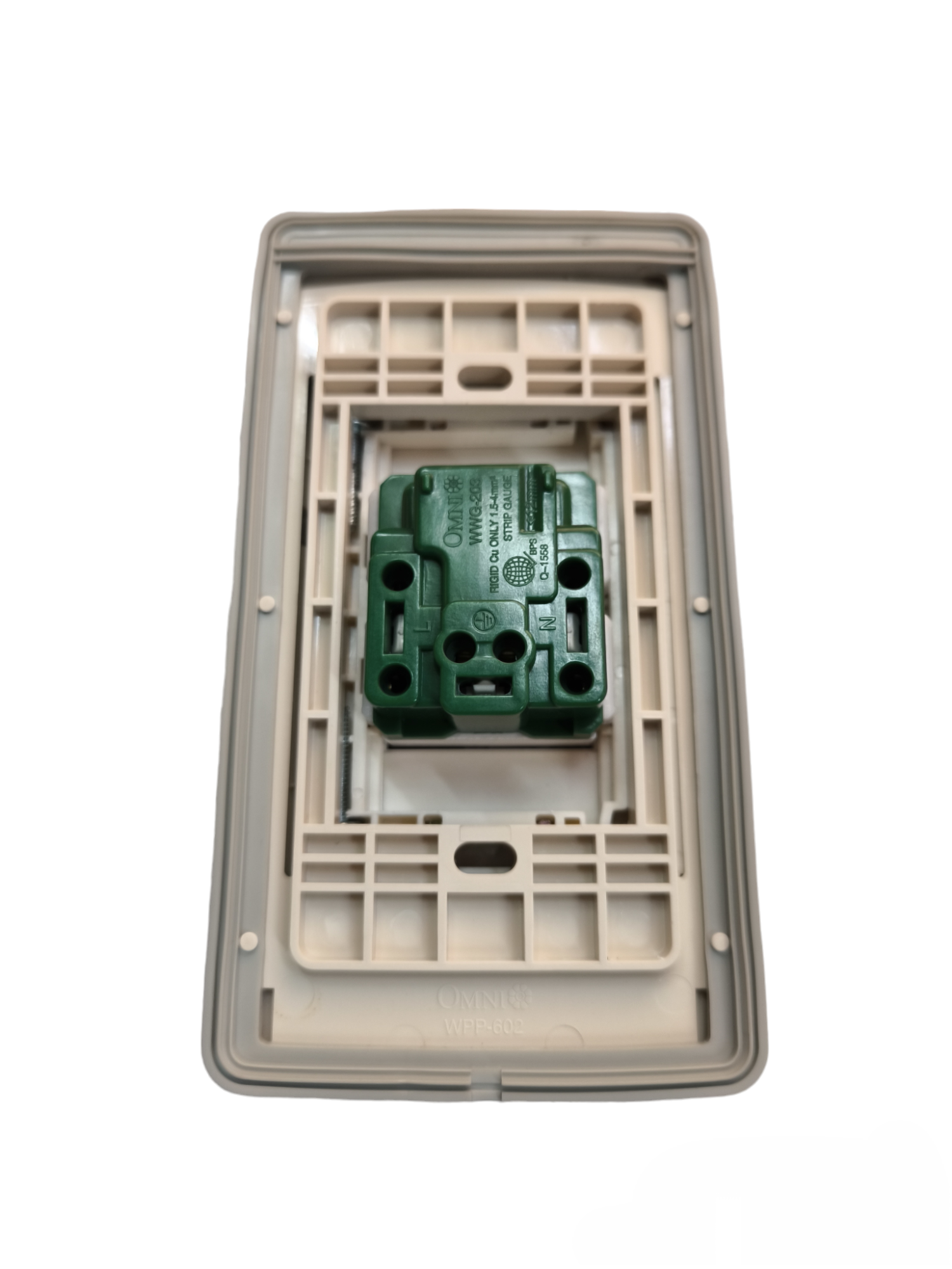 Omni power outlet with ground 16A 250V with stainless plate showing back mounting frame and wiring connections