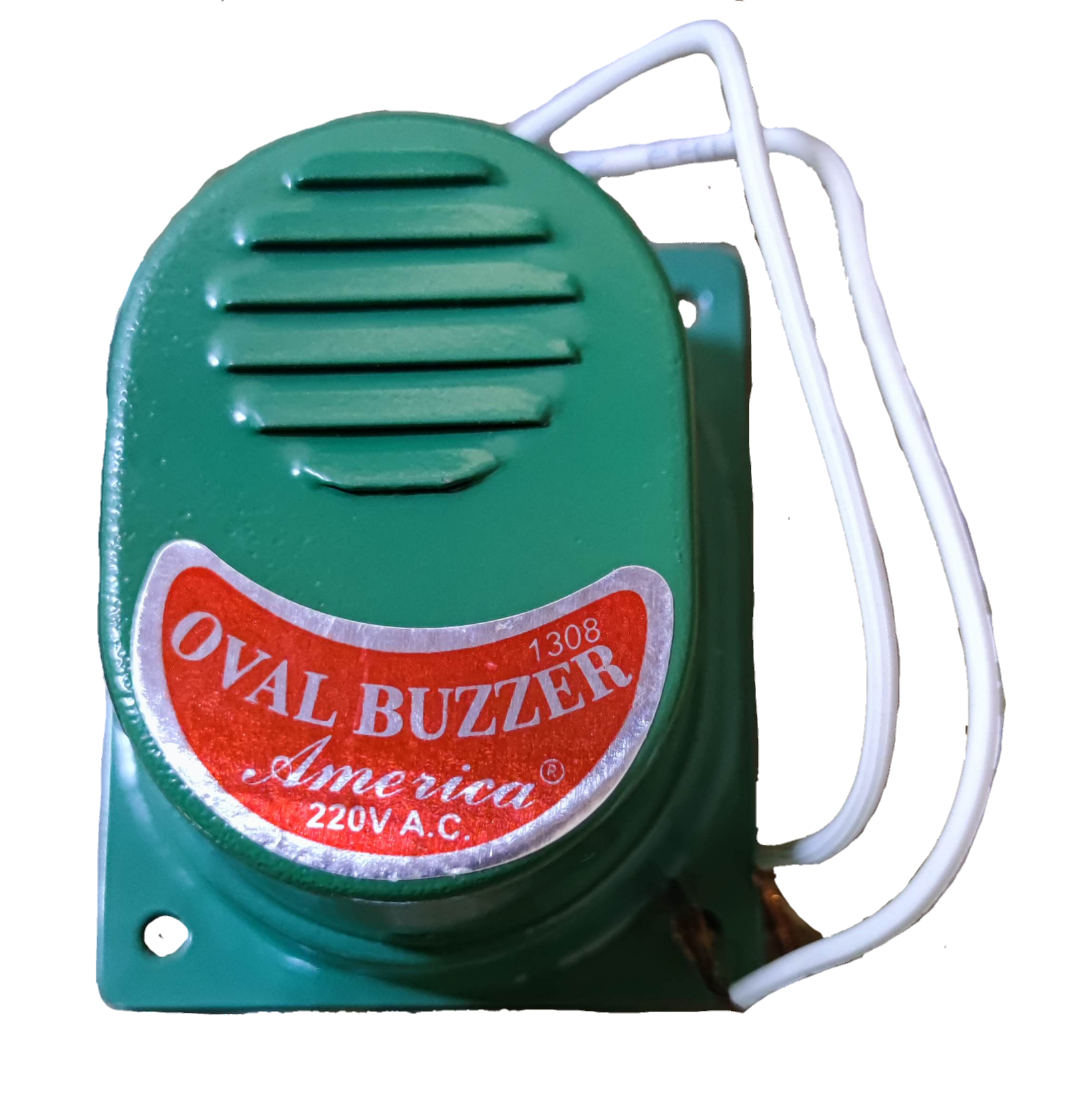 Green 220V metallic buzzer door chime with white wires and America brand label