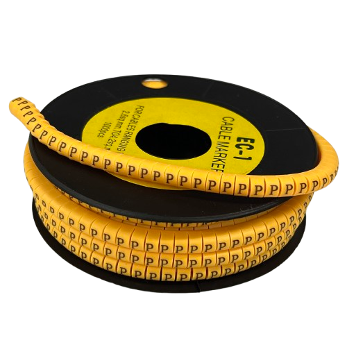 Yellow P Marker 2.6mm to 4.2mm cable management labels on black spool for wire identification