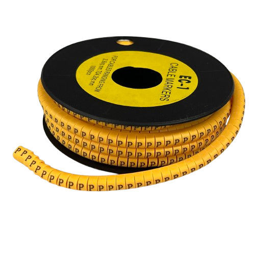 Yellow cable management spool with P Marker 2.6mm to 4.2mm printed labels for wire identification
