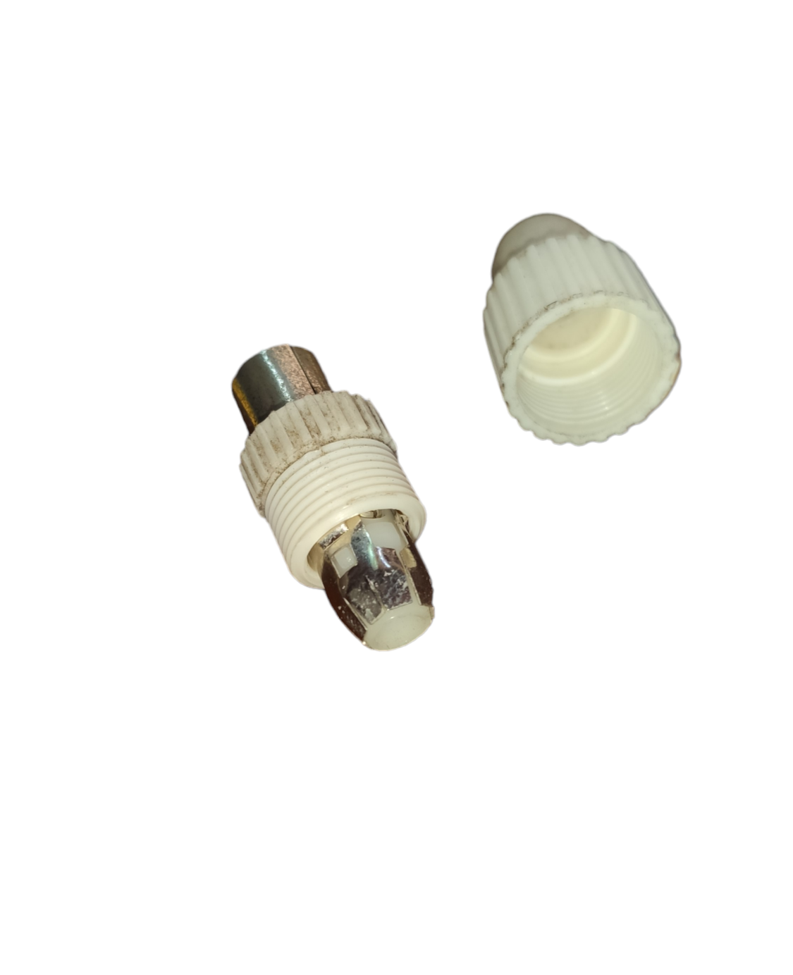 Local brand PAL Plug Connector with white plastic casing and metal tip for electrical circuitry