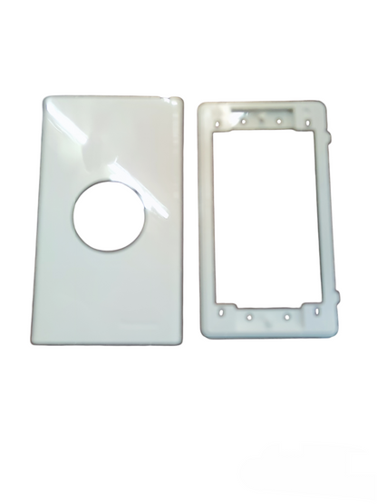 White Panasonic 1 gang plate cover with rectangular frame and circular opening for switches