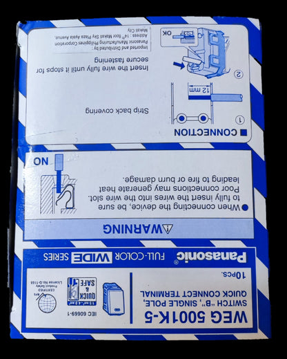Panasonic 1 Way Switch Wide Series WEG5001K-5 packaging box with wiring diagram and connection instructions