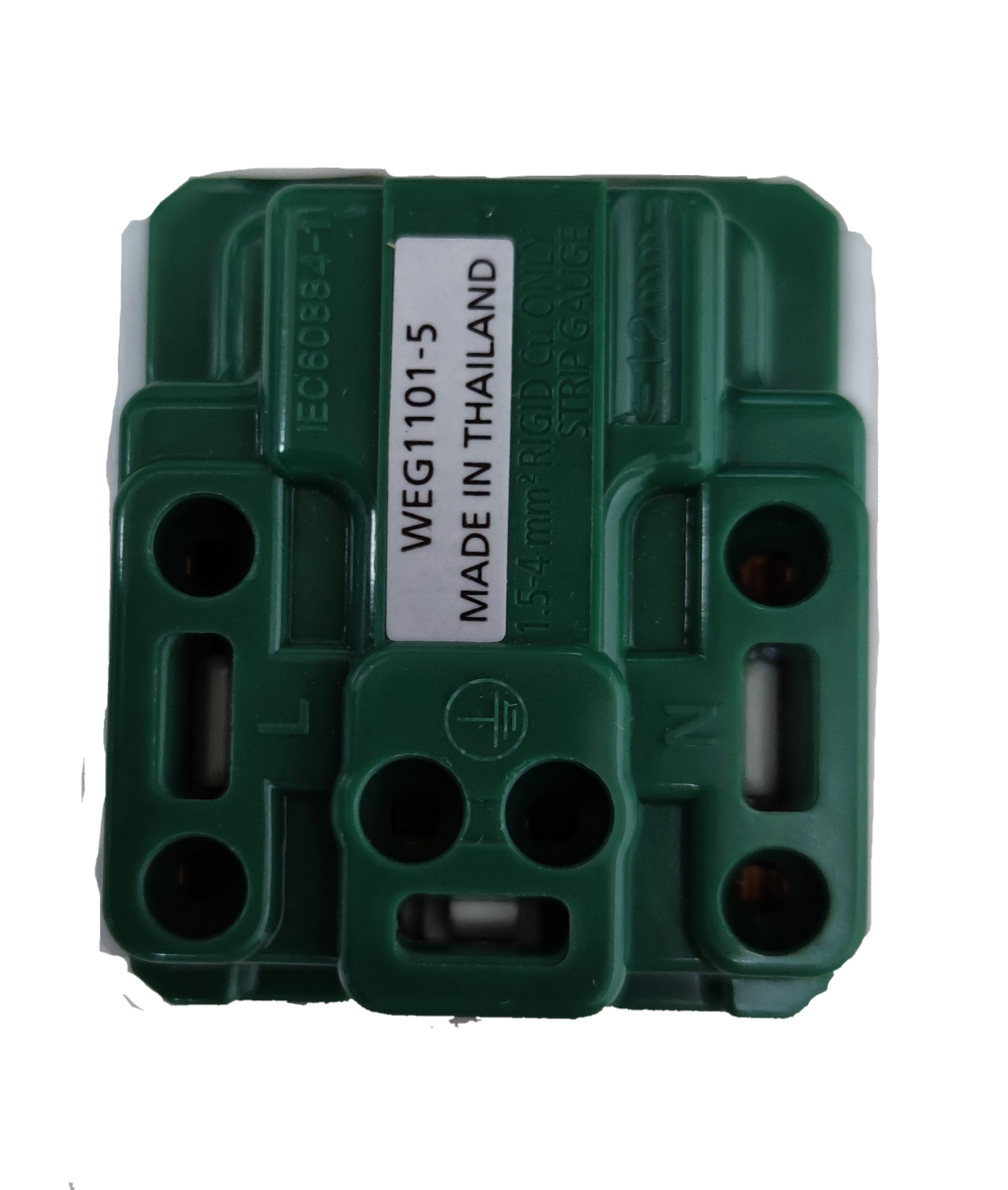 Panasonic green wiring module for 16A 250V flat pin outlet with ground. Internal terminals labeled L N