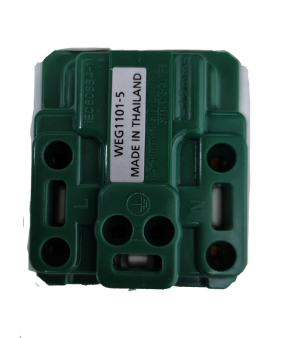 Panasonic green wiring module for 16A 250V flat pin outlet with ground. Internal terminals labeled L N
