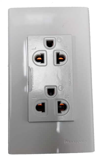 Panasonic 16A 250V universal electrical outlet plate in white with multiple sockets for versatile power access