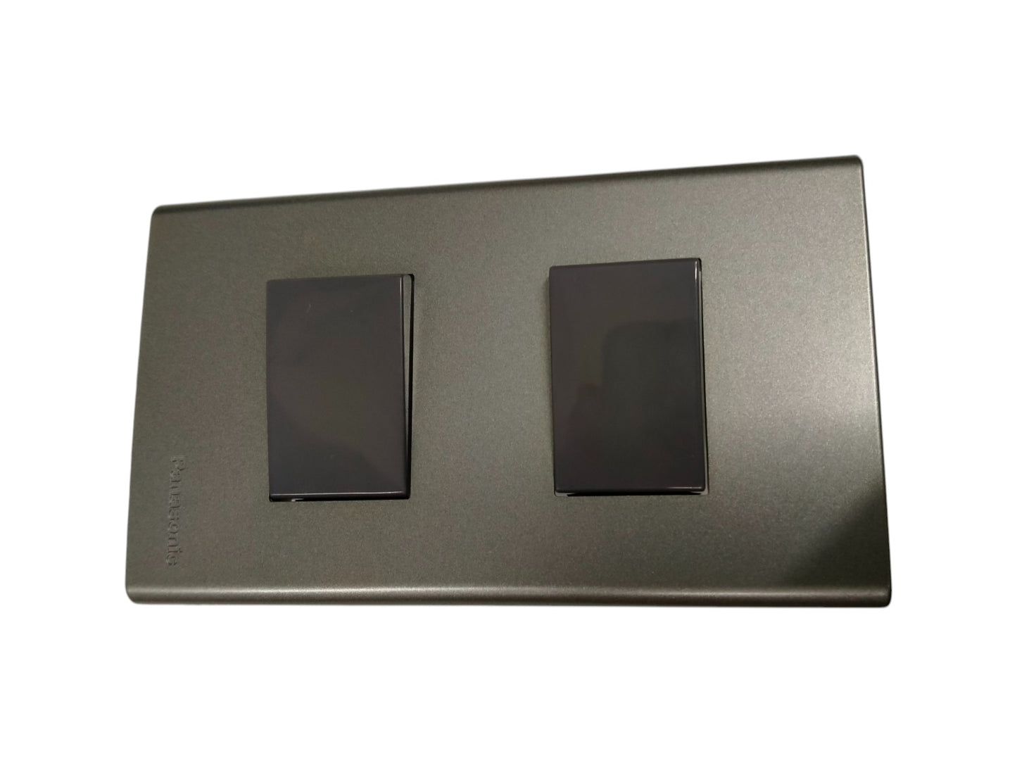 Panasonic 2 gang combination switch with two black rocker switches on a gray plate