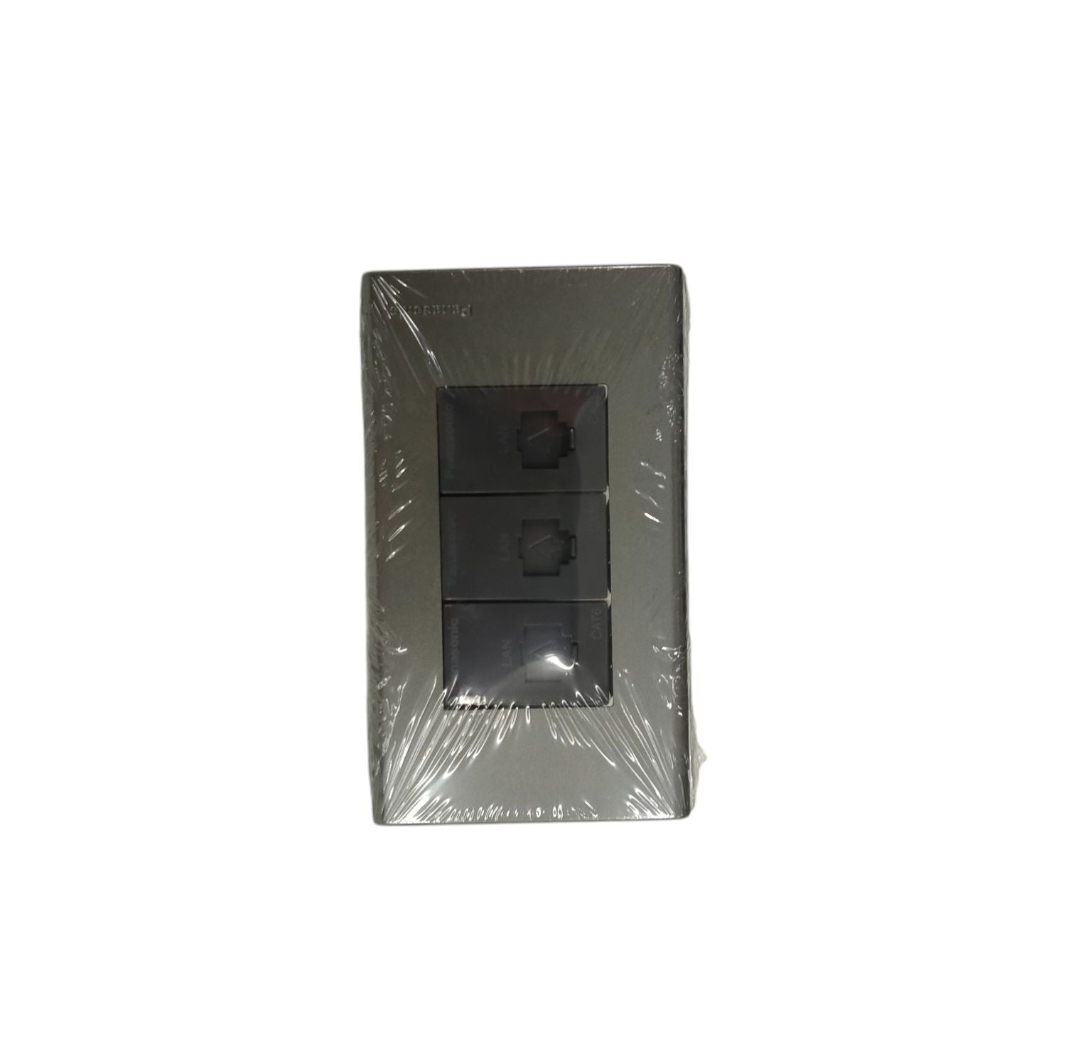 Panasonic 3 Gang CAT6 Data Modular Jack power point switch with dark plate wrapped in plastic