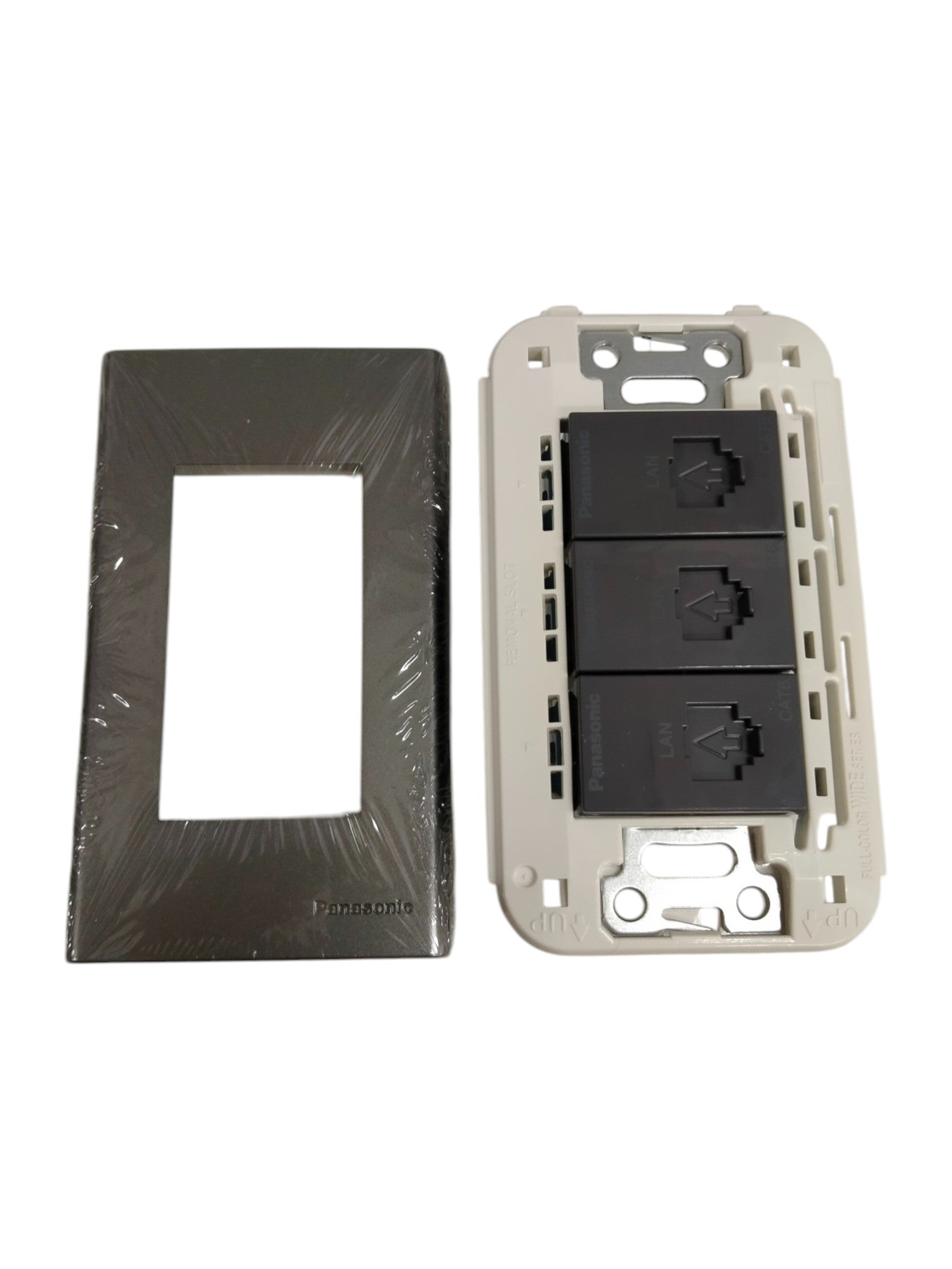 Panasonic 3 Gang CAT6 Data Modular Jack with black cover and white mounting frame for power points and switches