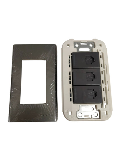 Panasonic 3 Gang CAT6 Data Modular Jack with black cover and white mounting frame for power points and switches