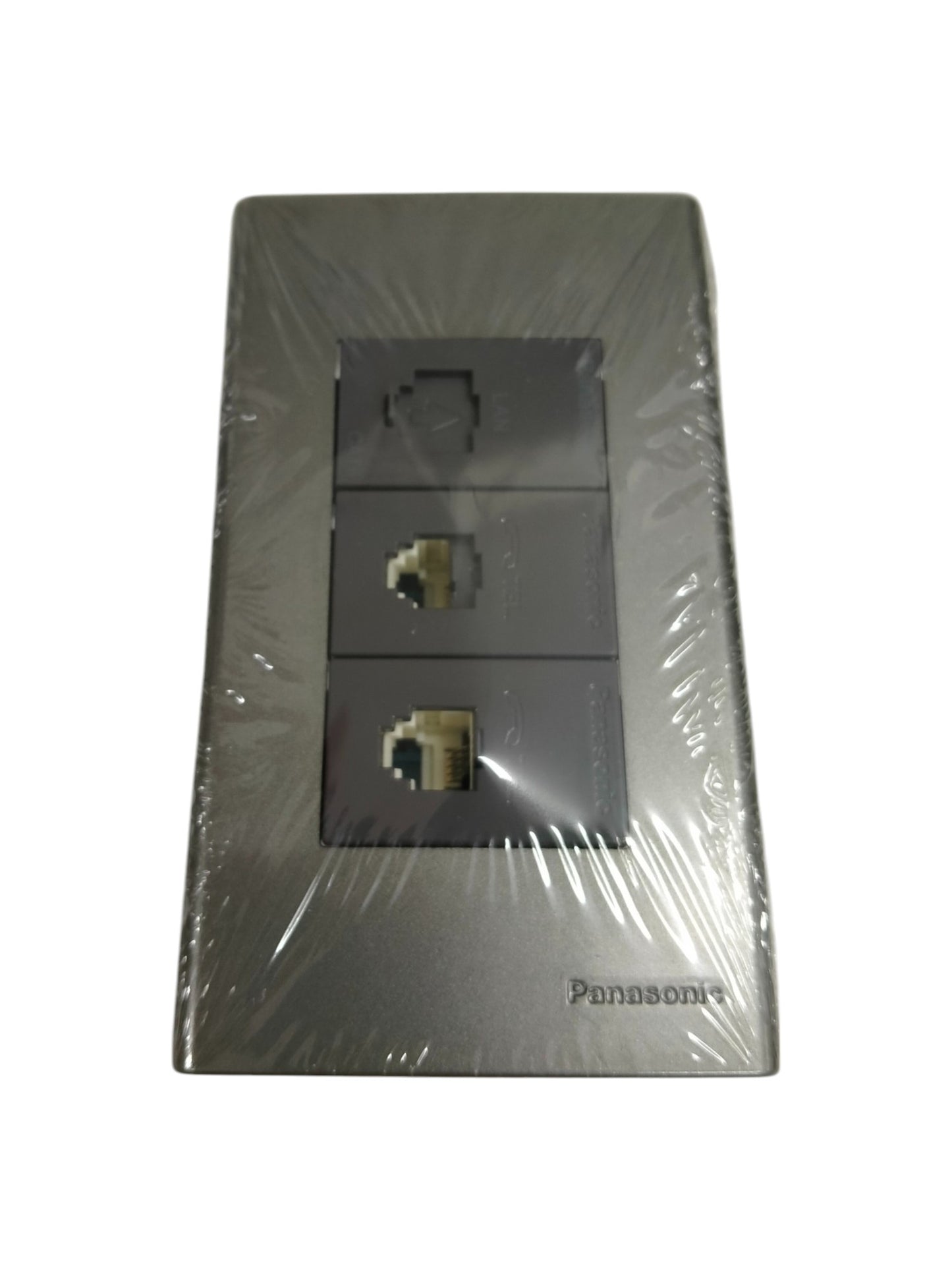 Panasonic CAT6 RJ45 data outlet with three ports in a sleek gray power points switch and plug panel