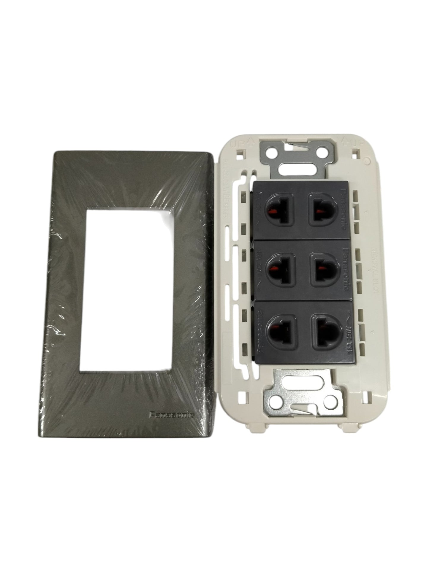 Panasonic 3 gang universal outlet with black sockets and a separate dark gray cover plate