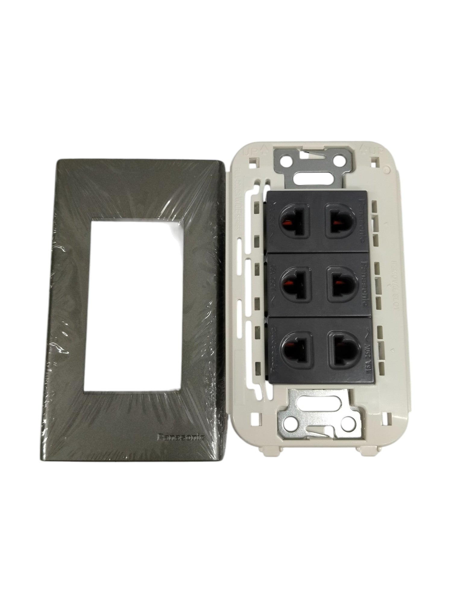 Panasonic 3 gang universal outlet with black sockets and a separate dark gray cover plate