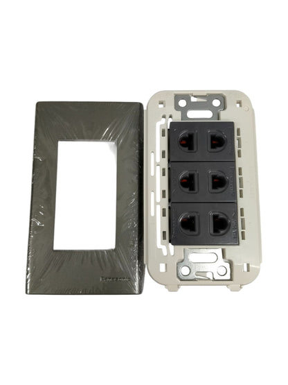 Panasonic 3 gang universal outlet with black sockets and a separate dark gray cover plate