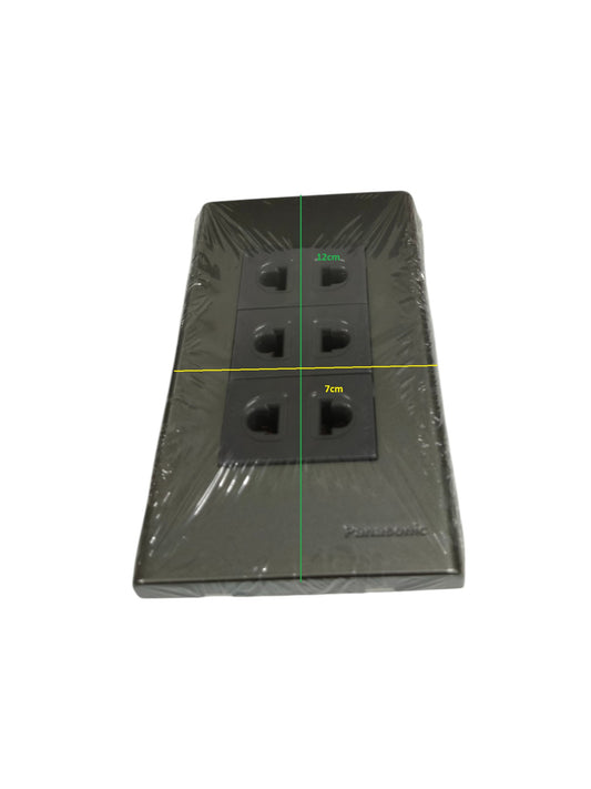 Panasonic 3 gang universal outlet with black finish and three plug sockets in a rectangular frame