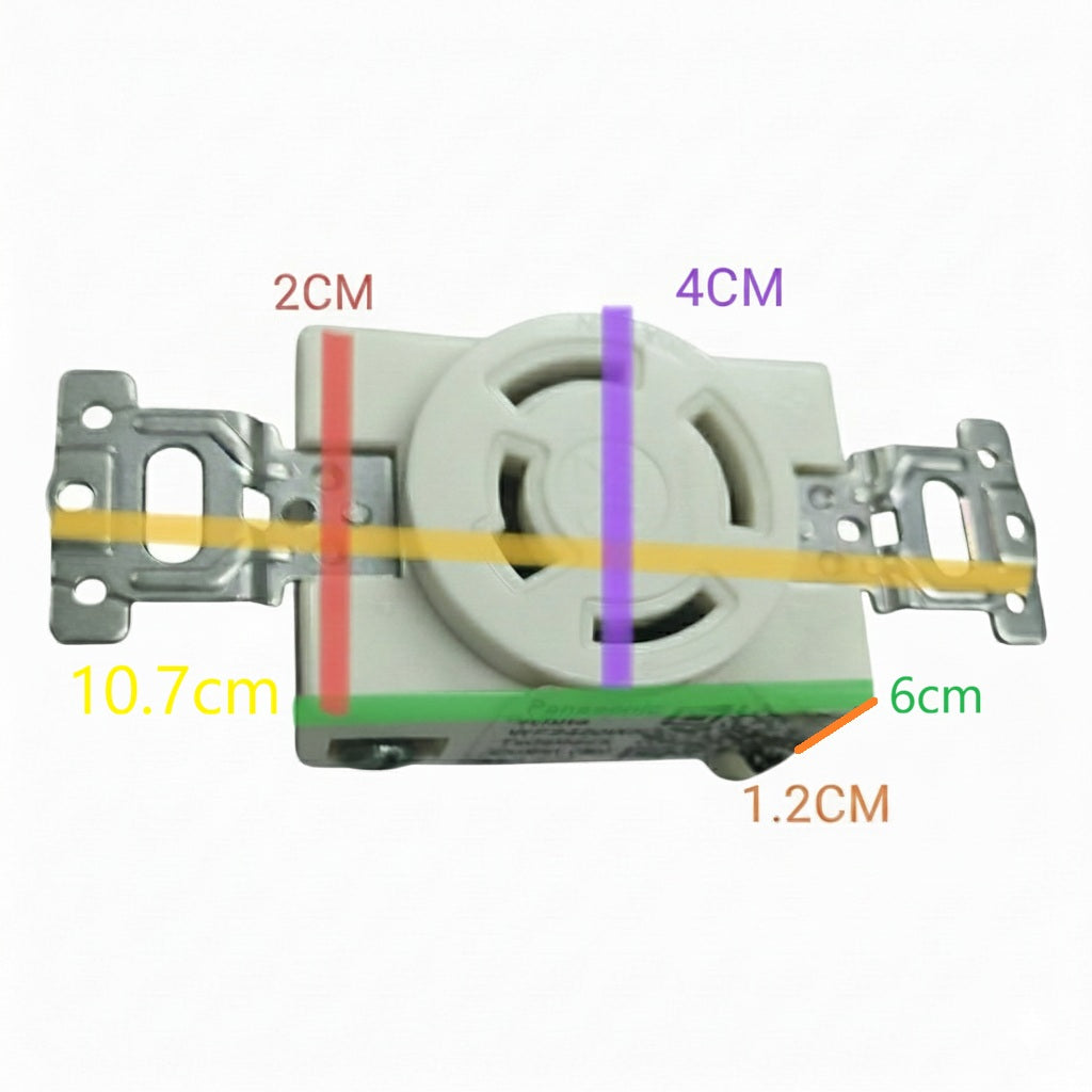 Panasonic 30A twist lock outlet with detailed measurements for easy installation and use