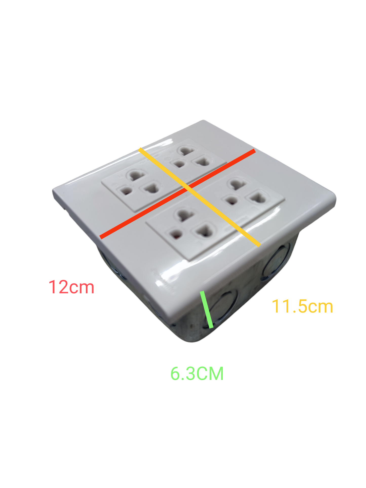 Panasonic 4 gang duplex outlet with four power sockets and dimensions shown in centimeters