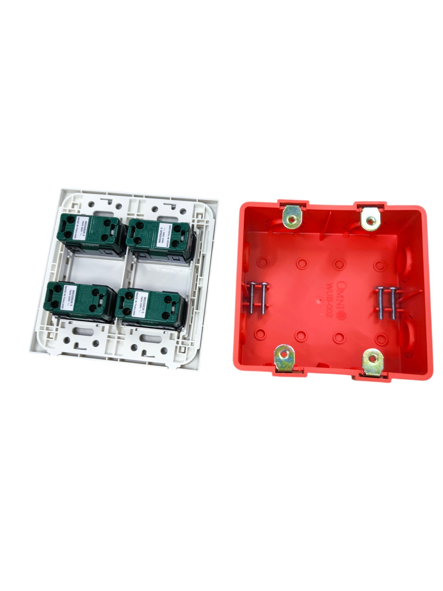 Panasonic 4 gang switch internal components showing switch mechanisms and red mounting box