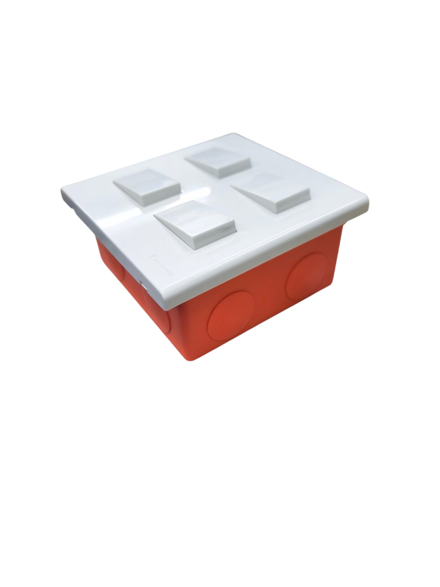 Panasonic 4 gang switch with white buttons and red mounting box for electrical installations