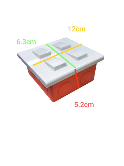 Panasonic 4 gang switch with white buttons and red mounting box showing dimensions