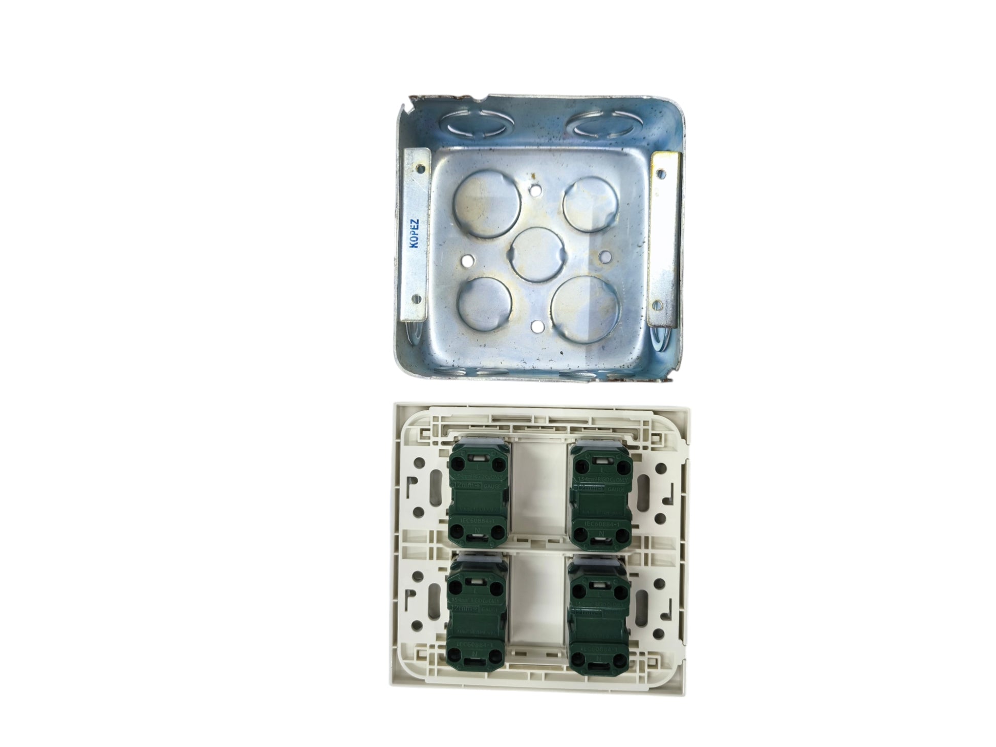 Panasonic 4 gang universal outlet frame and mounting bracket in white and metal components