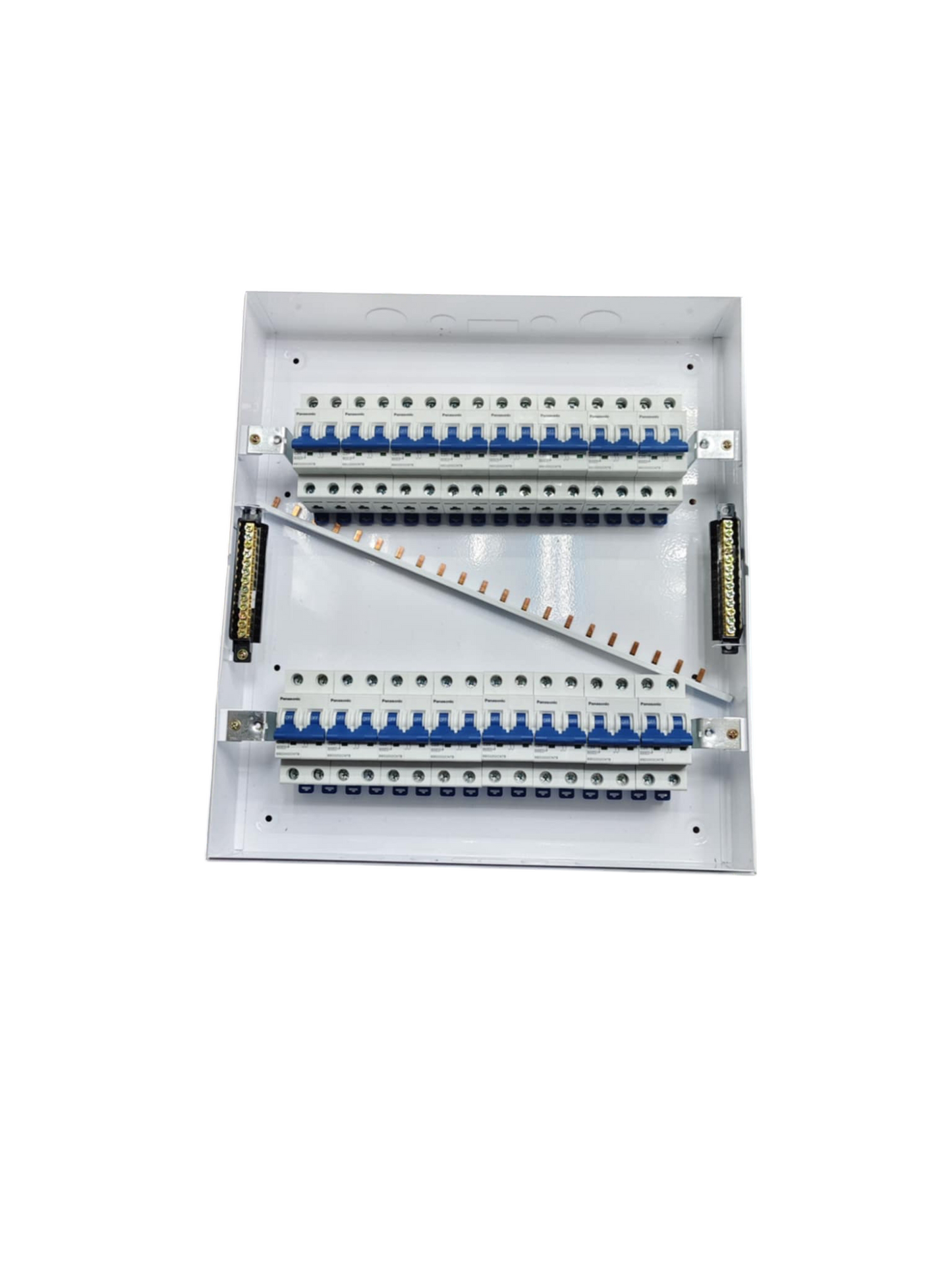 Panasonic Breakers Panel Board 63A with white metal casing and multiple circuit breakers for electrical distribution