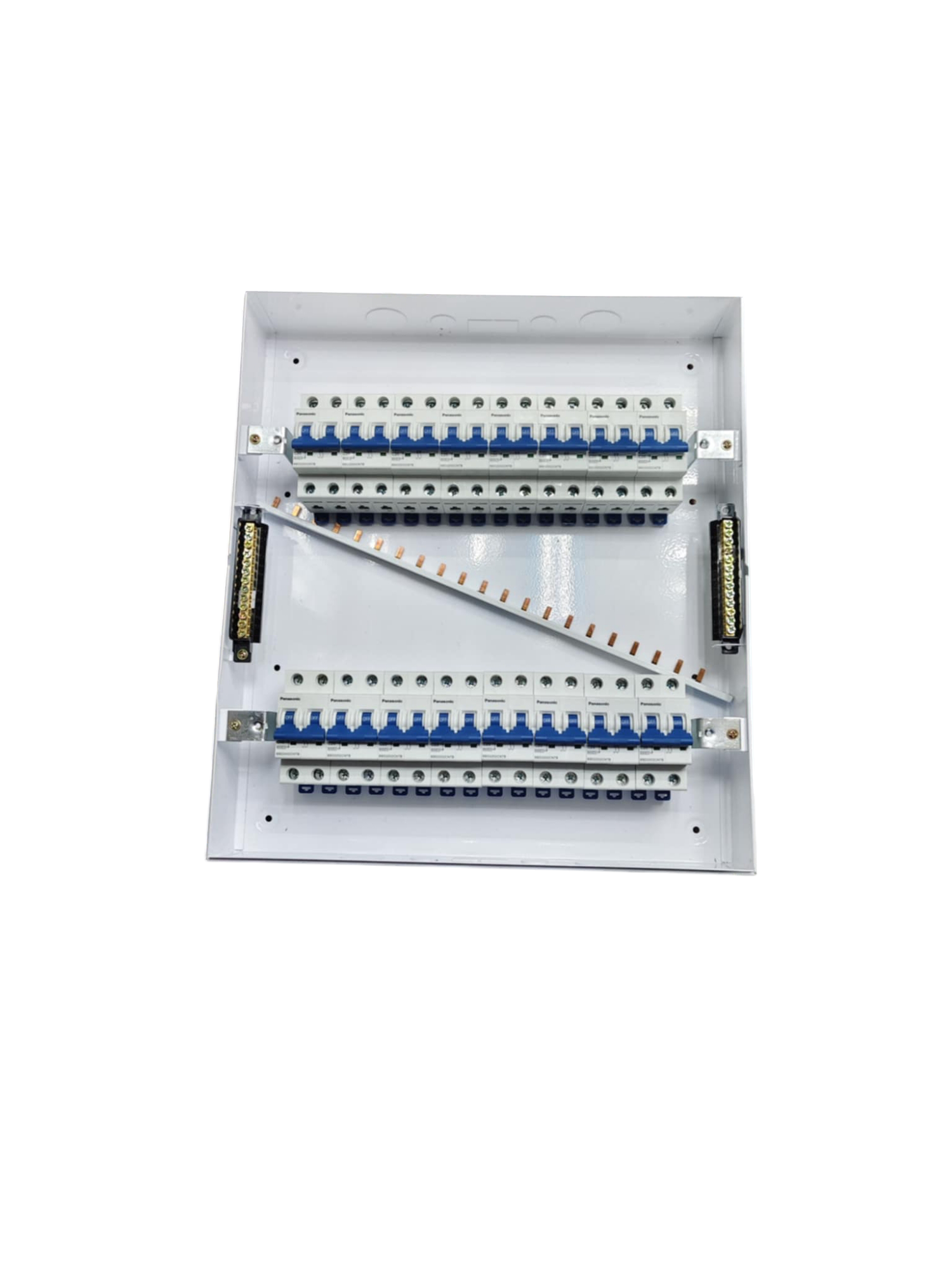 Panasonic Breakers Panel Board 63A with white metal casing and multiple circuit breakers for electrical distribution