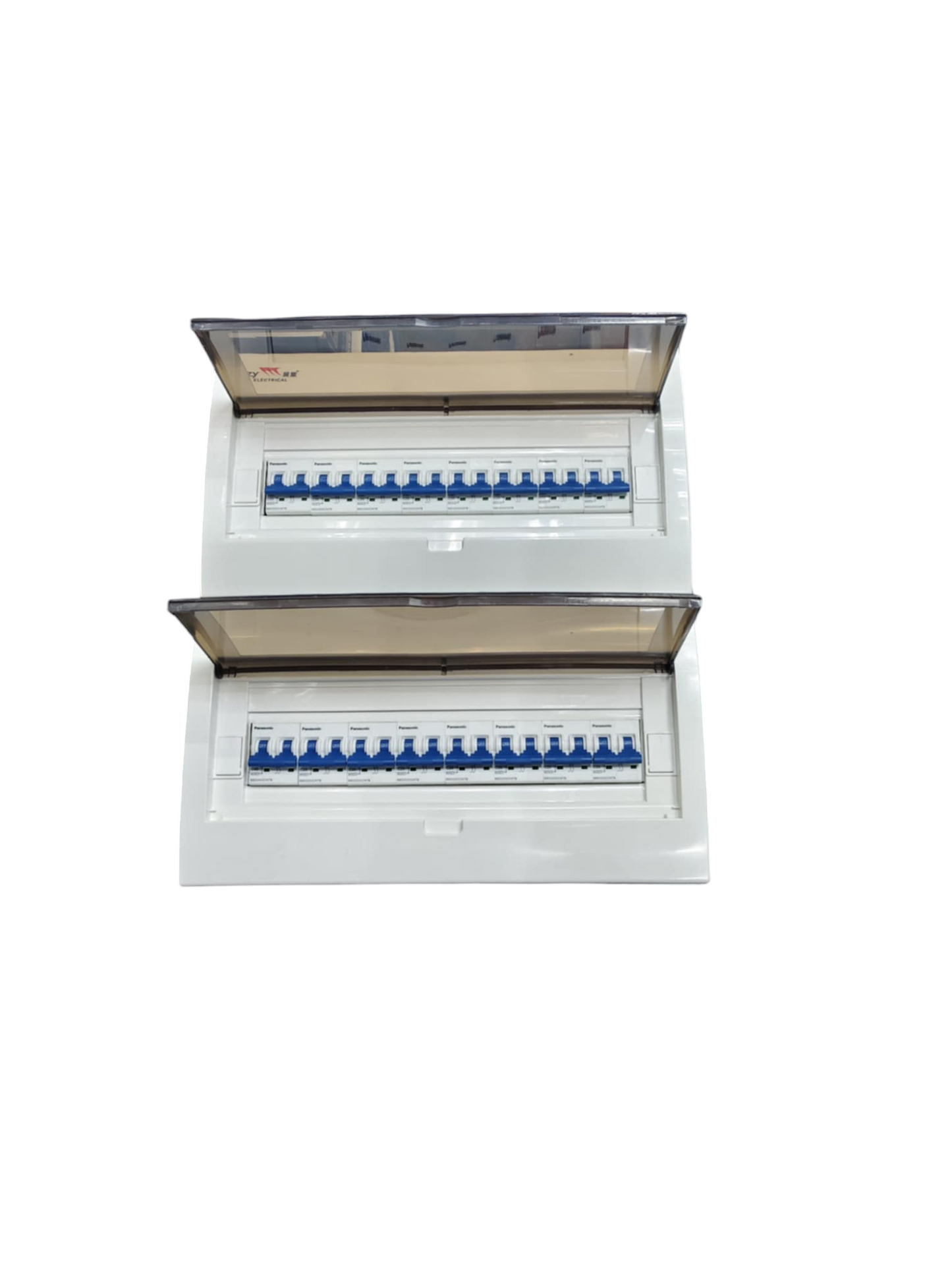 Panasonic Breakers Panel Board 63A with dual rows of circuit breakers and transparent protective covers