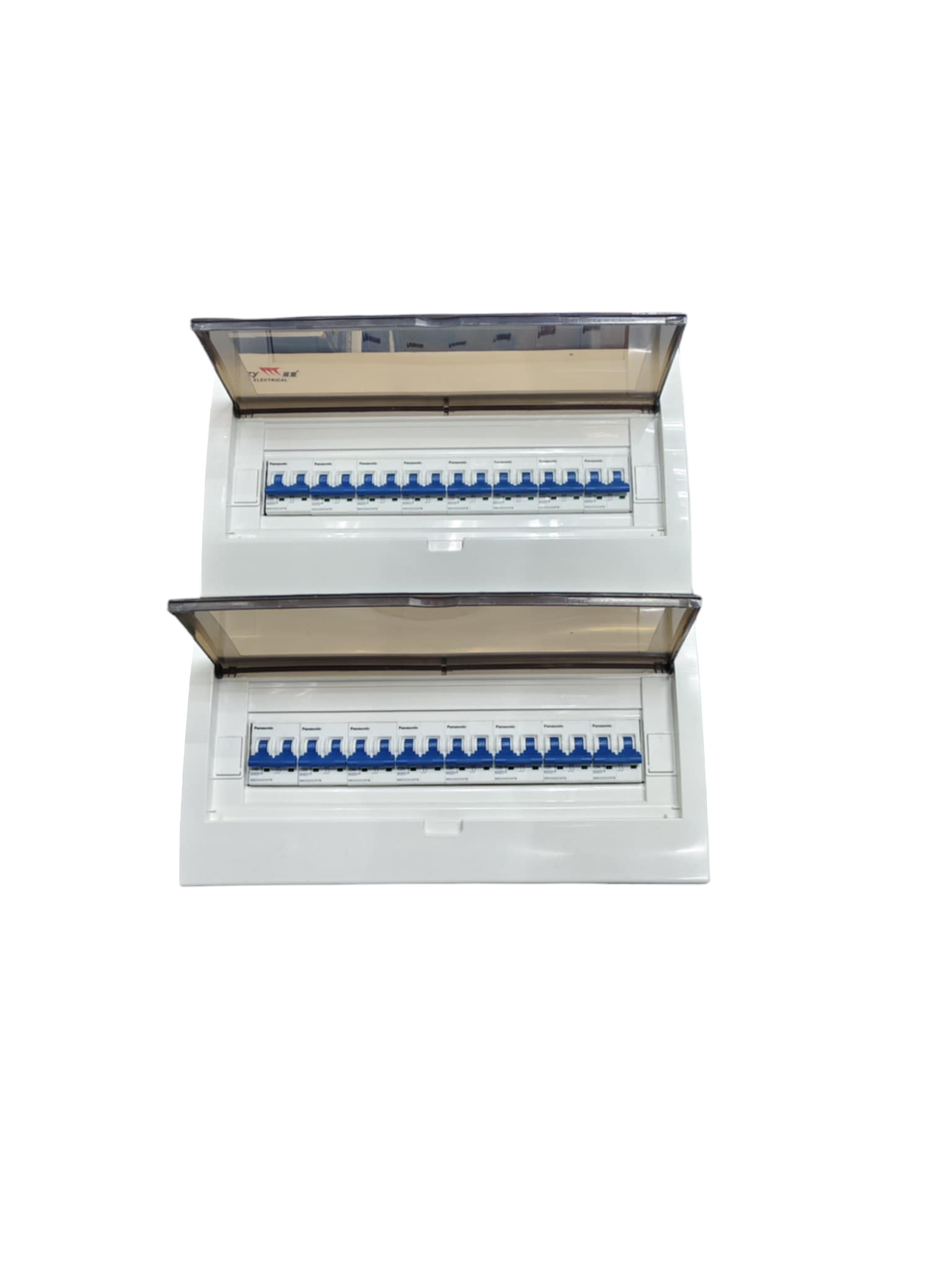 Panasonic Breakers Panel Board 63A with dual rows of circuit breakers and transparent protective covers