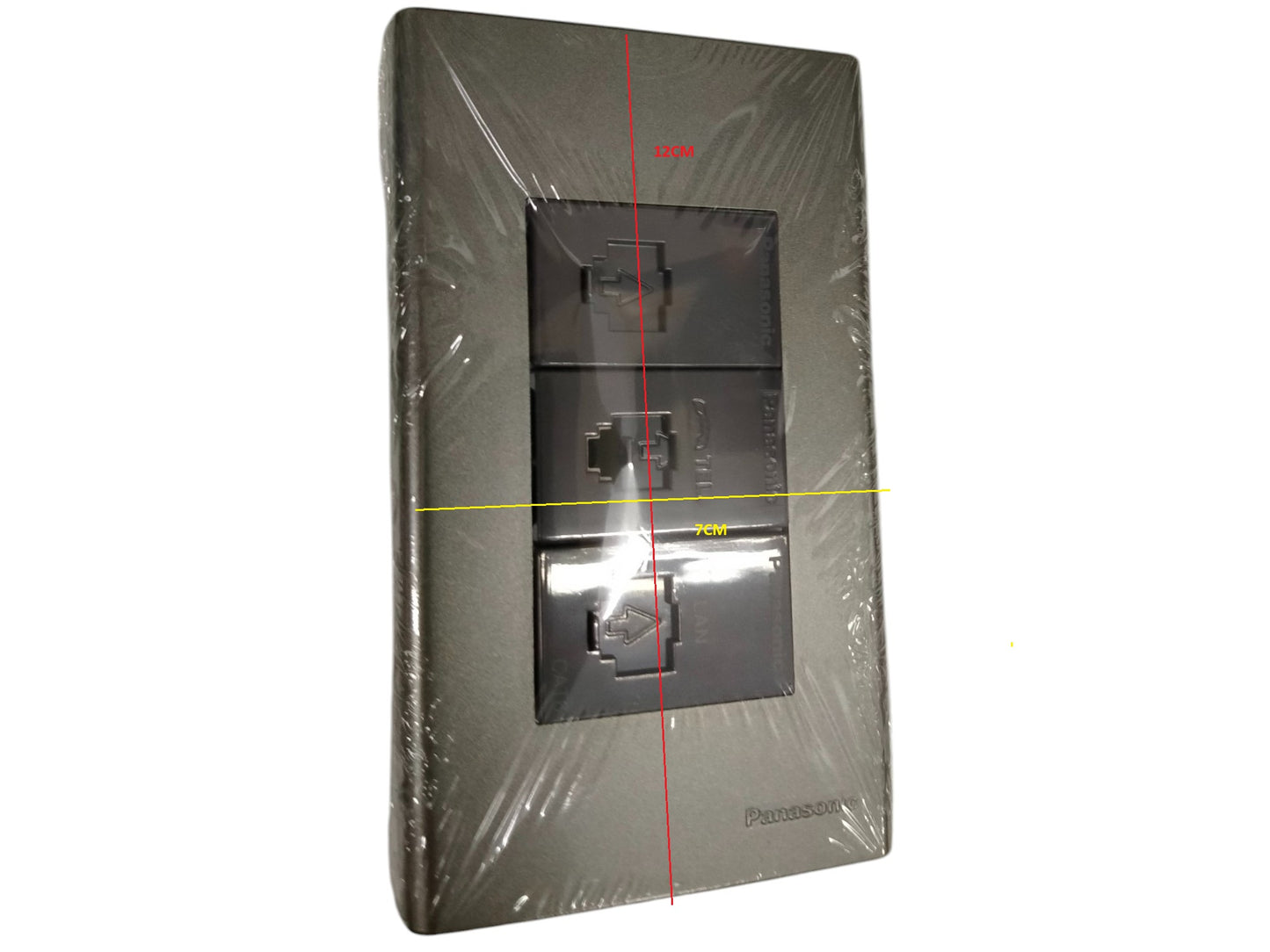 Panasonic CAT6 combination outlet with three ports in gray plastic wall plate wrapped in protective plastic