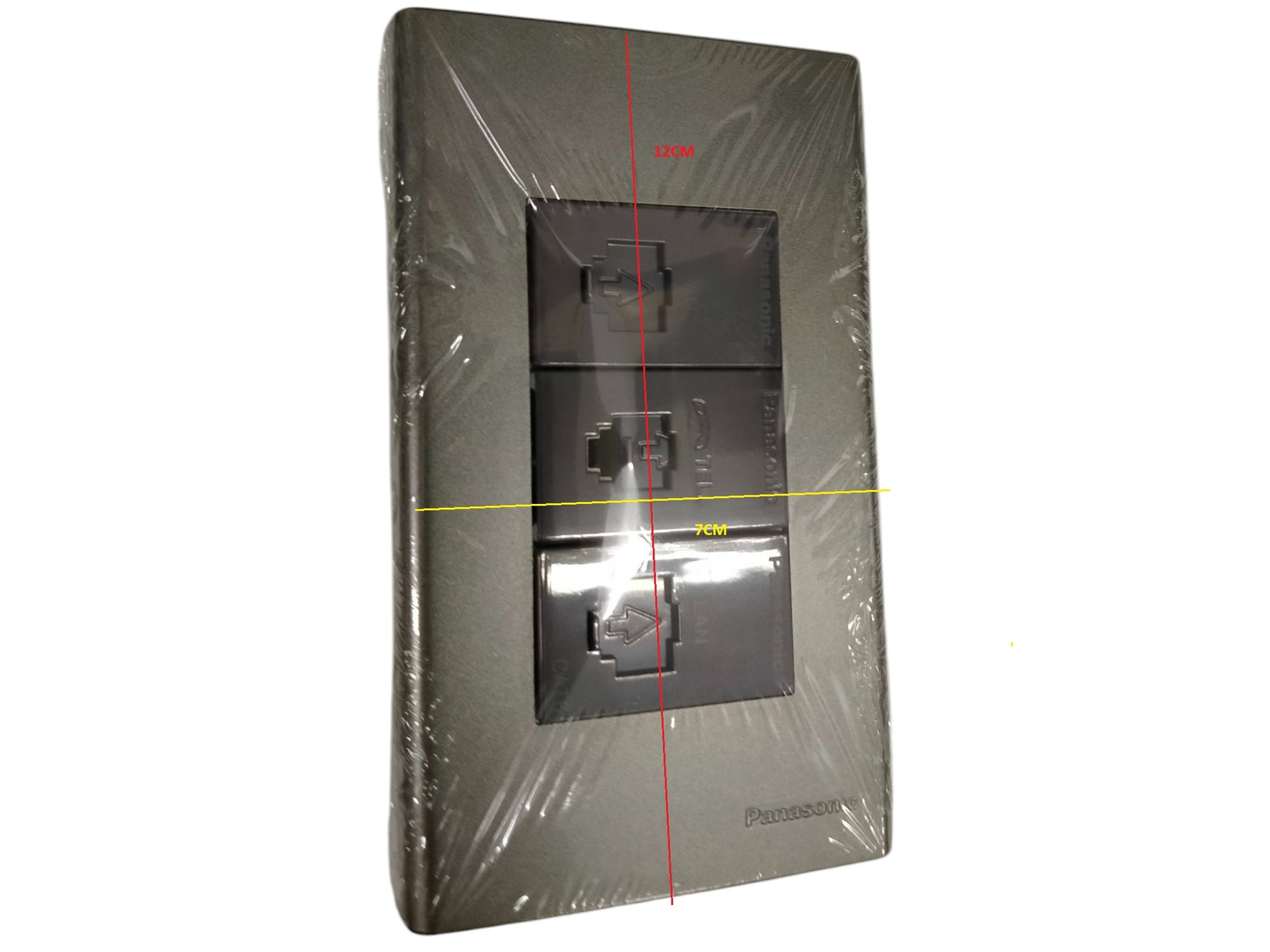 Panasonic CAT6 combination outlet with three ports in gray plastic wall plate wrapped in protective plastic