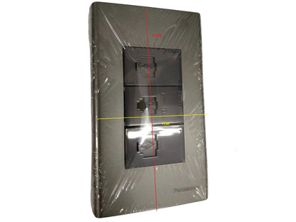 Panasonic CAT6 combination outlet with three ports in gray plastic wall plate wrapped in protective plastic