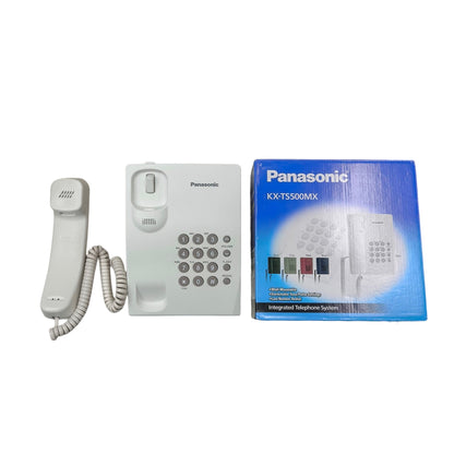 Panasonic desk phone model KX-TS500MX with corded handset and numeric keypad beside its blue retail box