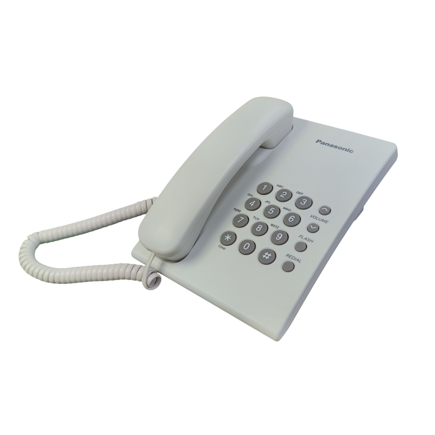 White Panasonic desk phone with corded handset and numeric keypad 